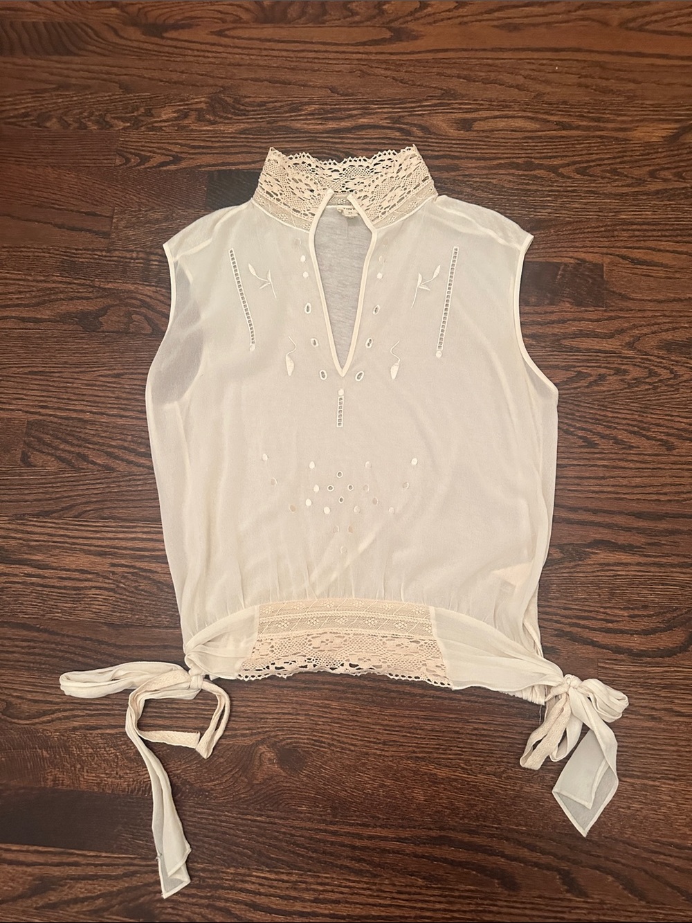 Anthropologie Cream Lace-Trim Tie-Hem Sleeveless Blouse